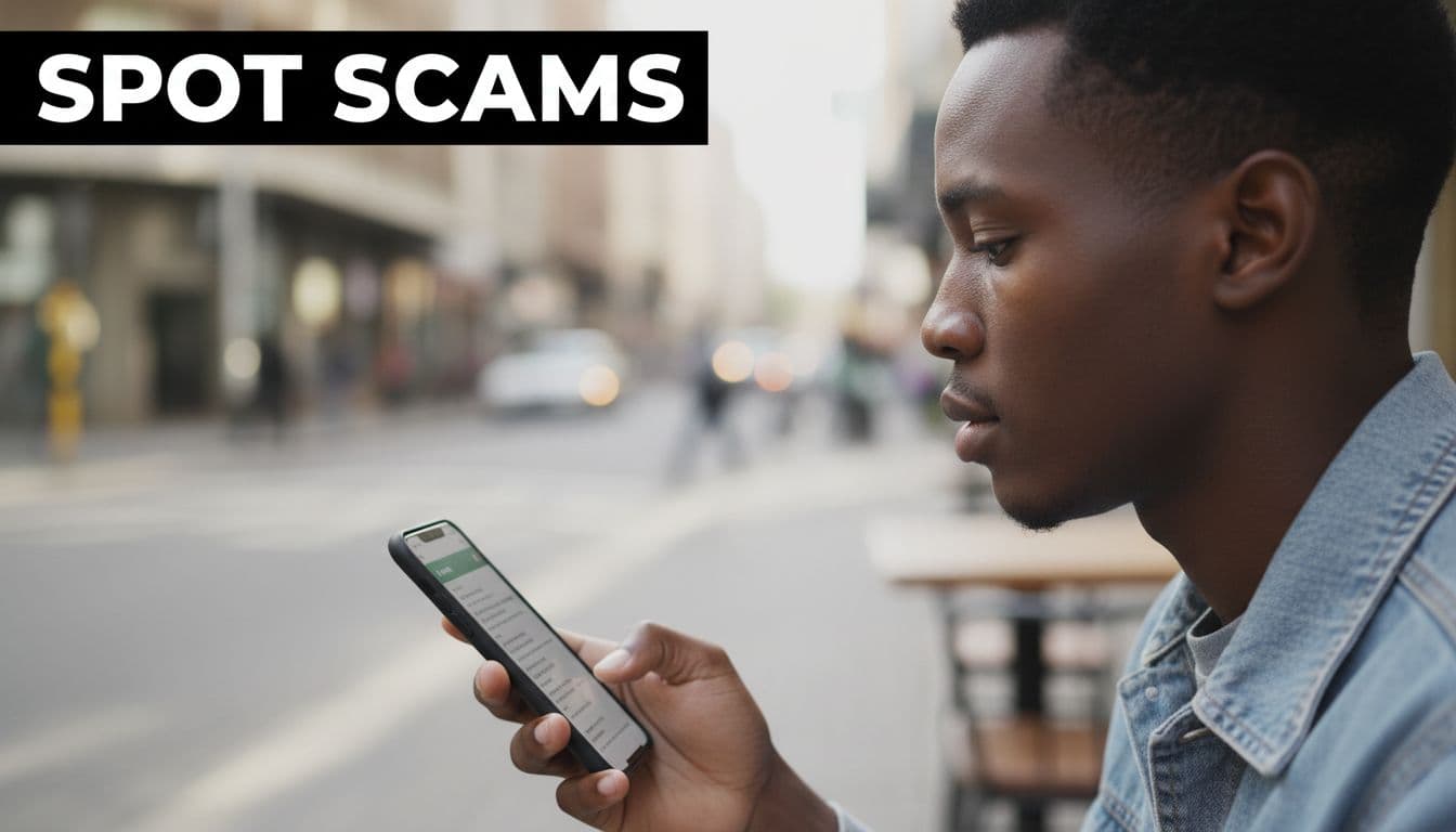 Vigilant young South African in profile view checks a learnership contract on smartphone in busy Joburg street cafe, featuring bold 'Spot Scams' banner at top.