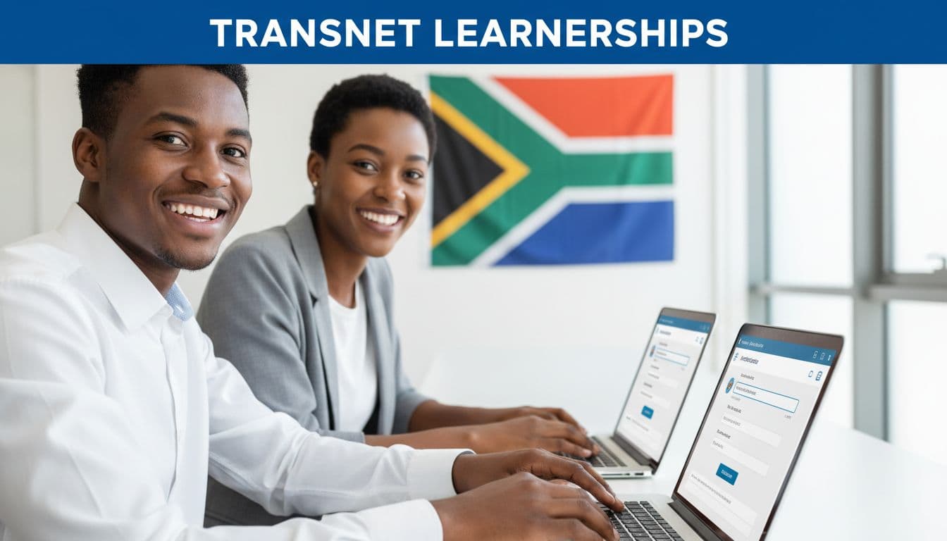 Two smiling young South Africans use laptops for learnership applications in modern office.